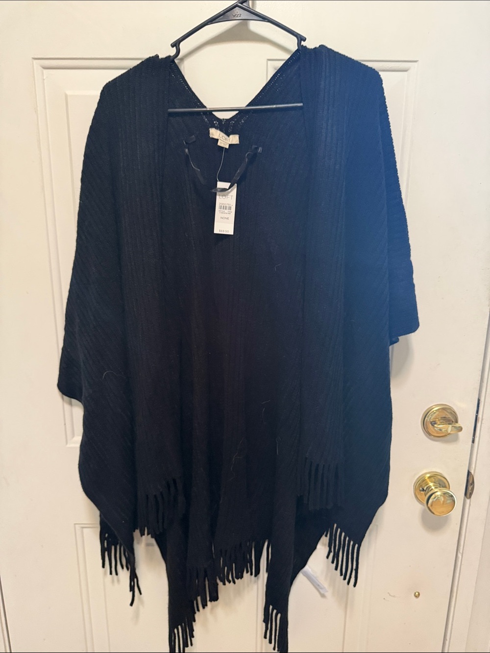 LOFT Black Open-Front Knit Wrap with Fringe